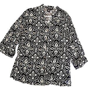Carole Little Woman 1X Linen Button Up V-Neck Mandarin Collar 3/4 Sleeve Top